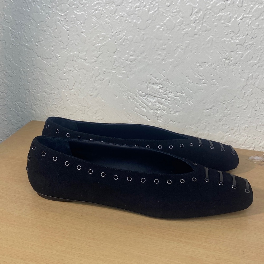 M. Gemi Black Suede Eyelet-Trim Flats